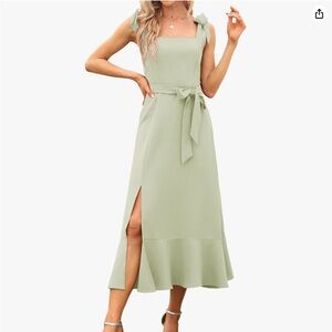 Sage Green Ruffle Square Neck Bridesmaid Midi Dress- Size Small